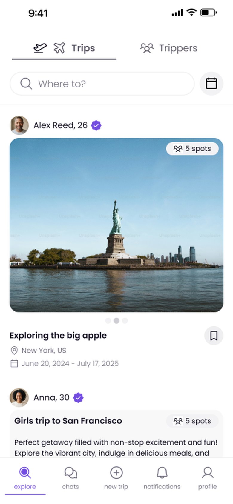 Trippii explore screen with trip cards