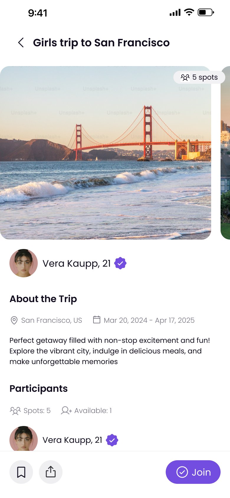 Trippii trip detail screen for a San Francisco trip