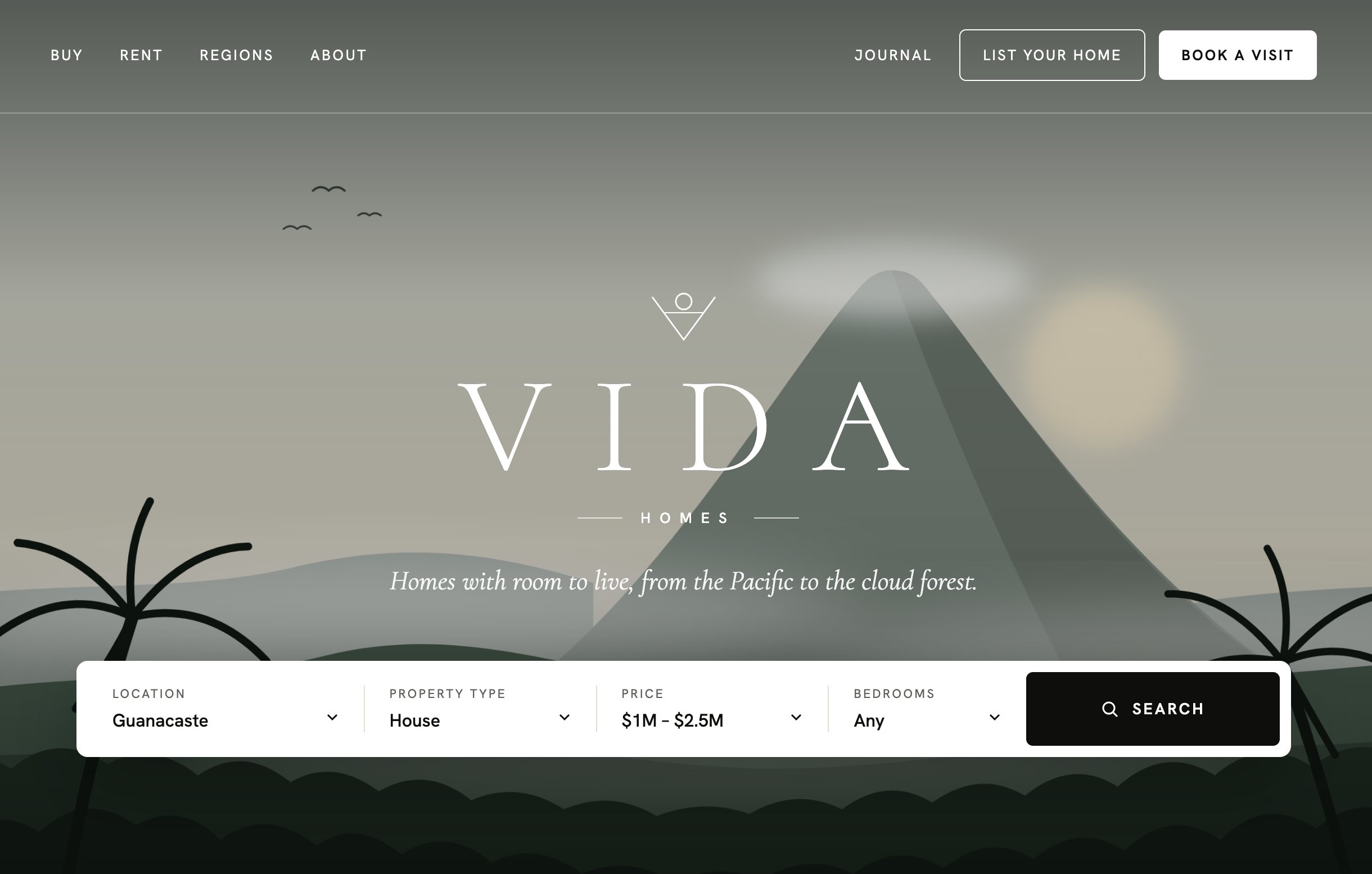 Vida Homes home page hero with search bar