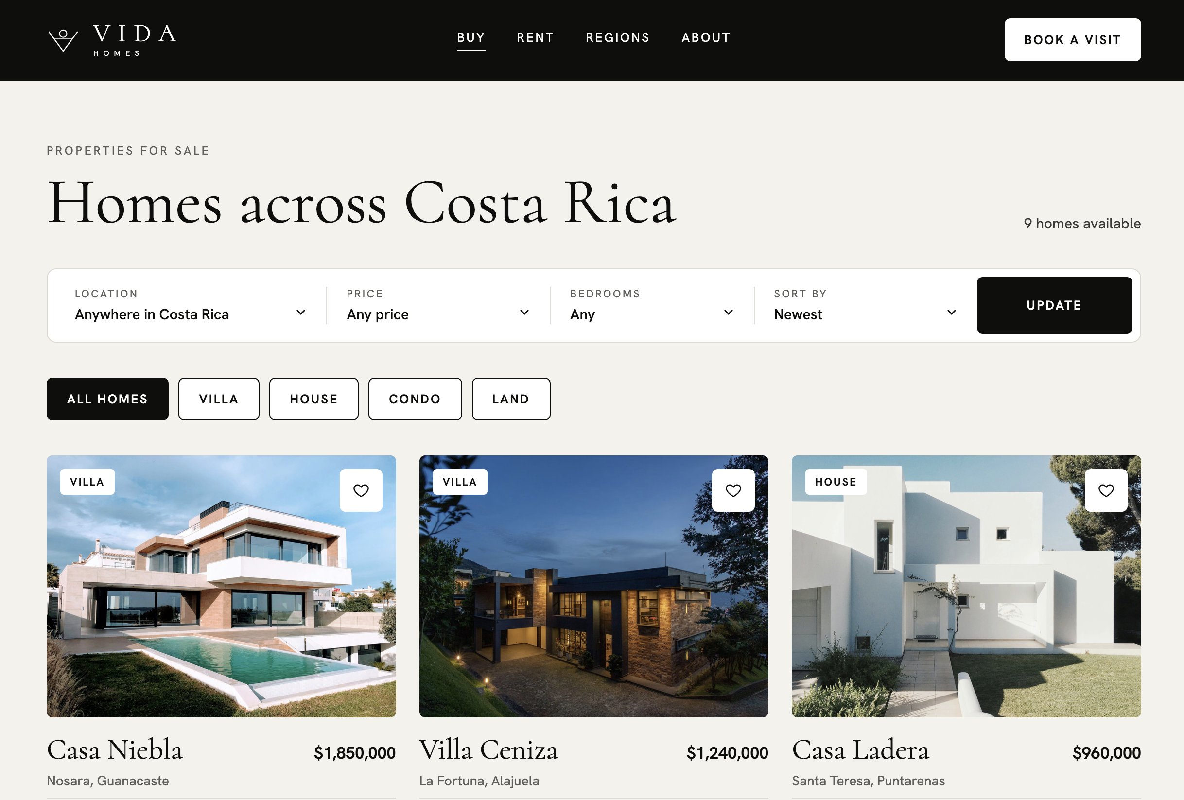Vida Homes listings page with filters and property cards