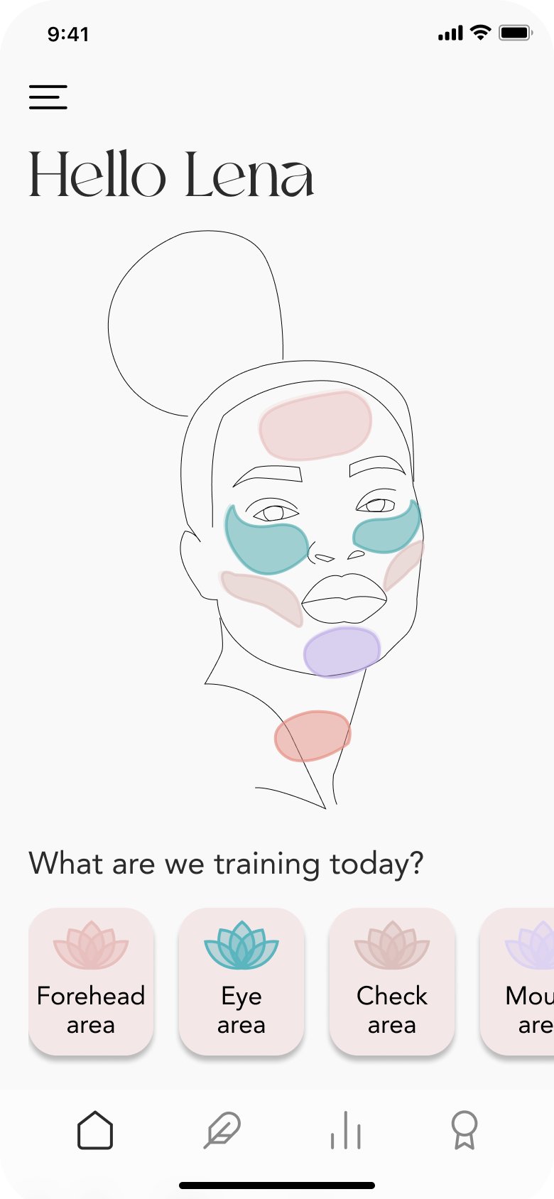 Visoby home screen with a face illustration and training areas